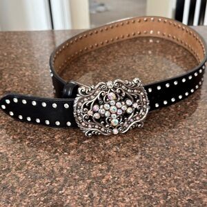 Tony Lama Ladies Black Leather Silver Crystal Belt-34-EUC